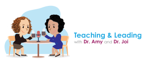 Cartoon figures of Dr. Amy and Dr. Joi sitting at a table sipping coffee with a microphone between them.